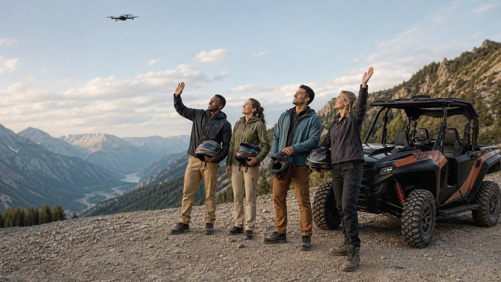 Group by a buggy waving at a drone in the mountains