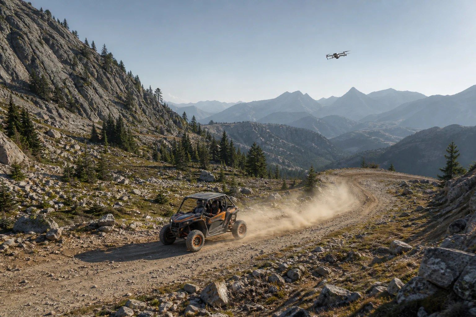 Live aircraft feed: buggy on a mountain trail